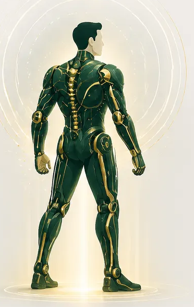 A figure in a full glowing exoskeleton