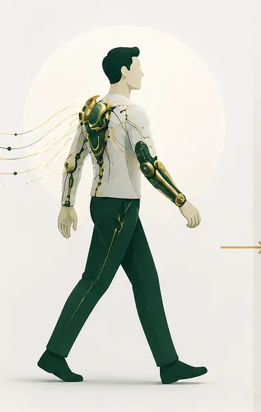 A person walking, partly fitted with armor